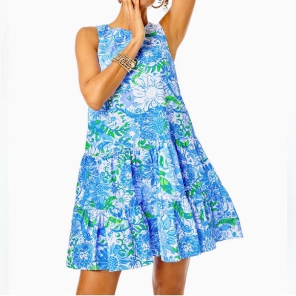 LILLY PULITZER Trina Floral A-Line Cotton Mini Dress in Frenchie Blue Size XS - Picture 1 of 10